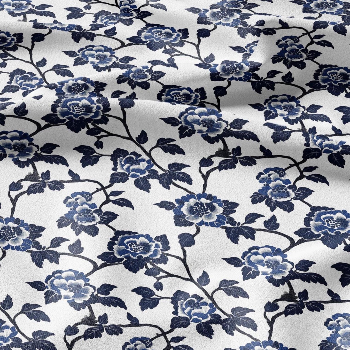 100% LINEN Fabric Blue flower print linen - indigo floral for upholstery home decor dress making 2364