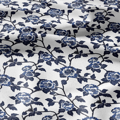 100% LINEN Fabric Blue flower print linen - indigo floral for upholstery home decor dress making 2364