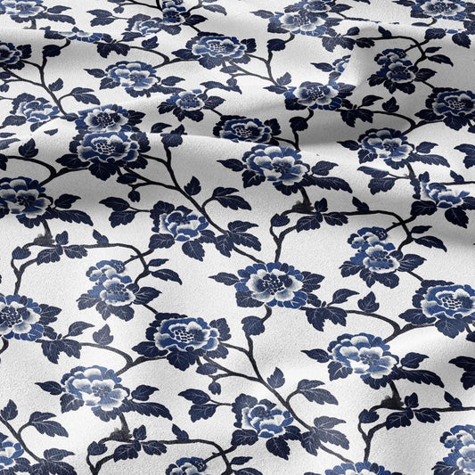 100% LINEN Fabric Blue flower print linen - indigo floral for upholstery home decor dress making 2364