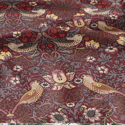 100% LINEN fabric - William Morris Strawberry thief burgundy red - British Victorian Art Craft flax - sewing home decor or clothing 3868