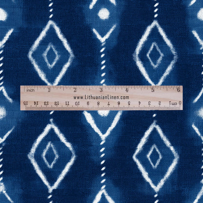 100% LINEN Fabric indigo blue print - Shibori abstract stripe square - upholstery curtains dress making 2985