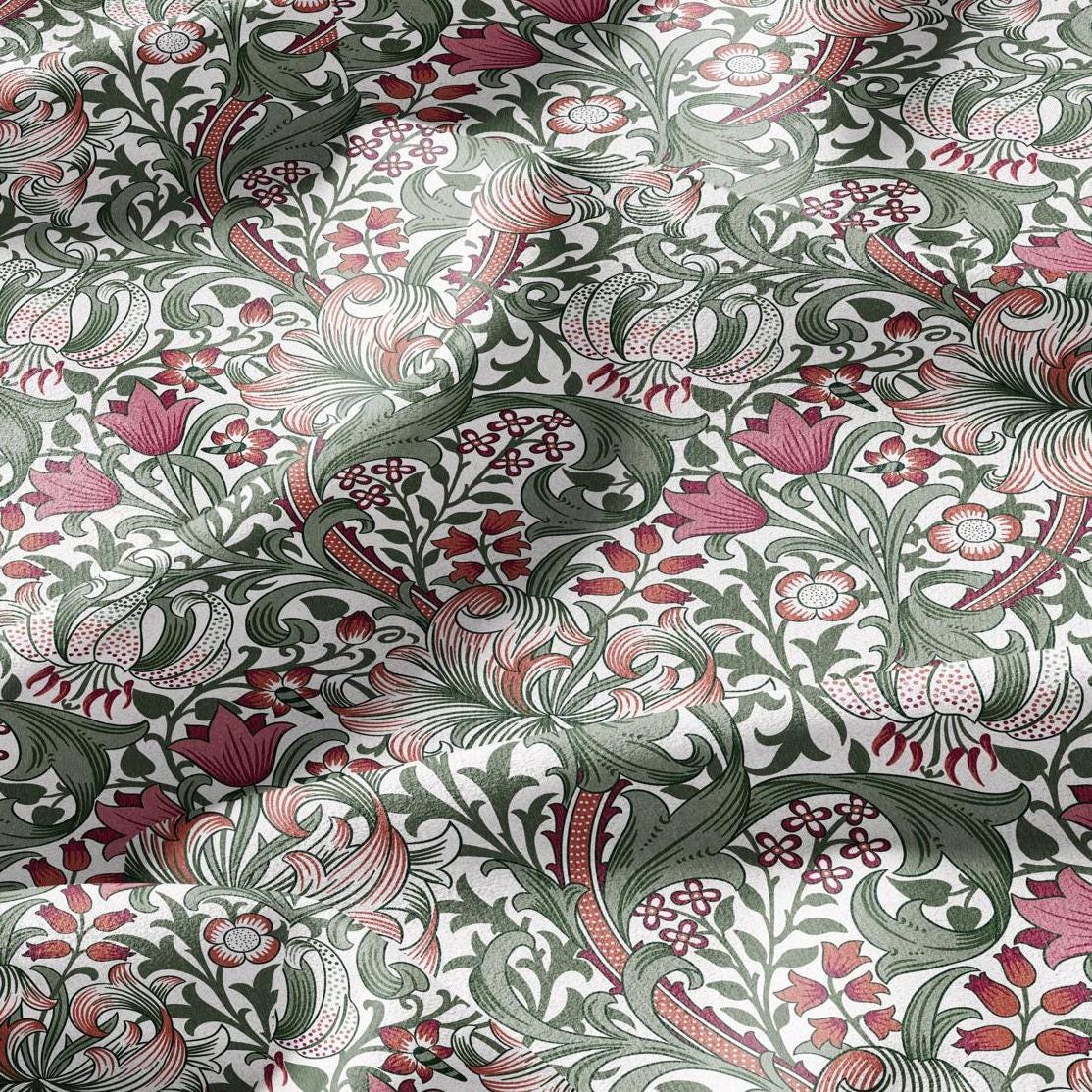 100% LINEN Fabric William Morris Golden Lily green red - British linen floral upholstery home textile Victorian fabrics 3230