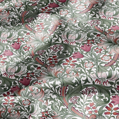 100% LINEN Fabric William Morris Golden Lily green red - British linen floral upholstery home textile Victorian fabrics 3230