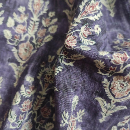 100% LINEN Fabric block print indian purple 3656 -  oatmeal linen fabric with green floral print decor