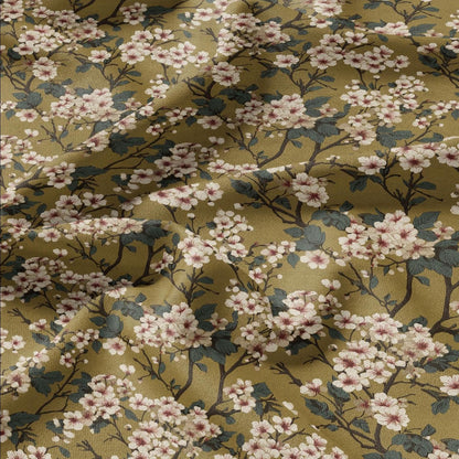 100% LINEN Fabric English flower print - mustard yellow beige floral print on white - heavy linen fabric for upholstery home decor 2612