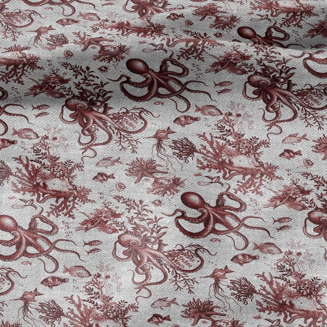 100% LINEN Fabric toile de jouy OCTOPUS Nautical print - red on oatmeal linen - coastal print for upholstery home decor clothing 306S