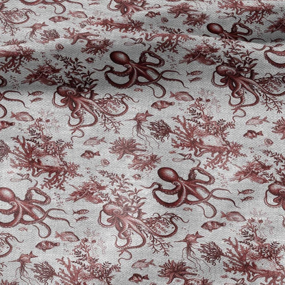 100% LINEN Fabric toile de jouy OCTOPUS Nautical print - red on oatmeal linen - coastal print for upholstery home decor clothing 306S