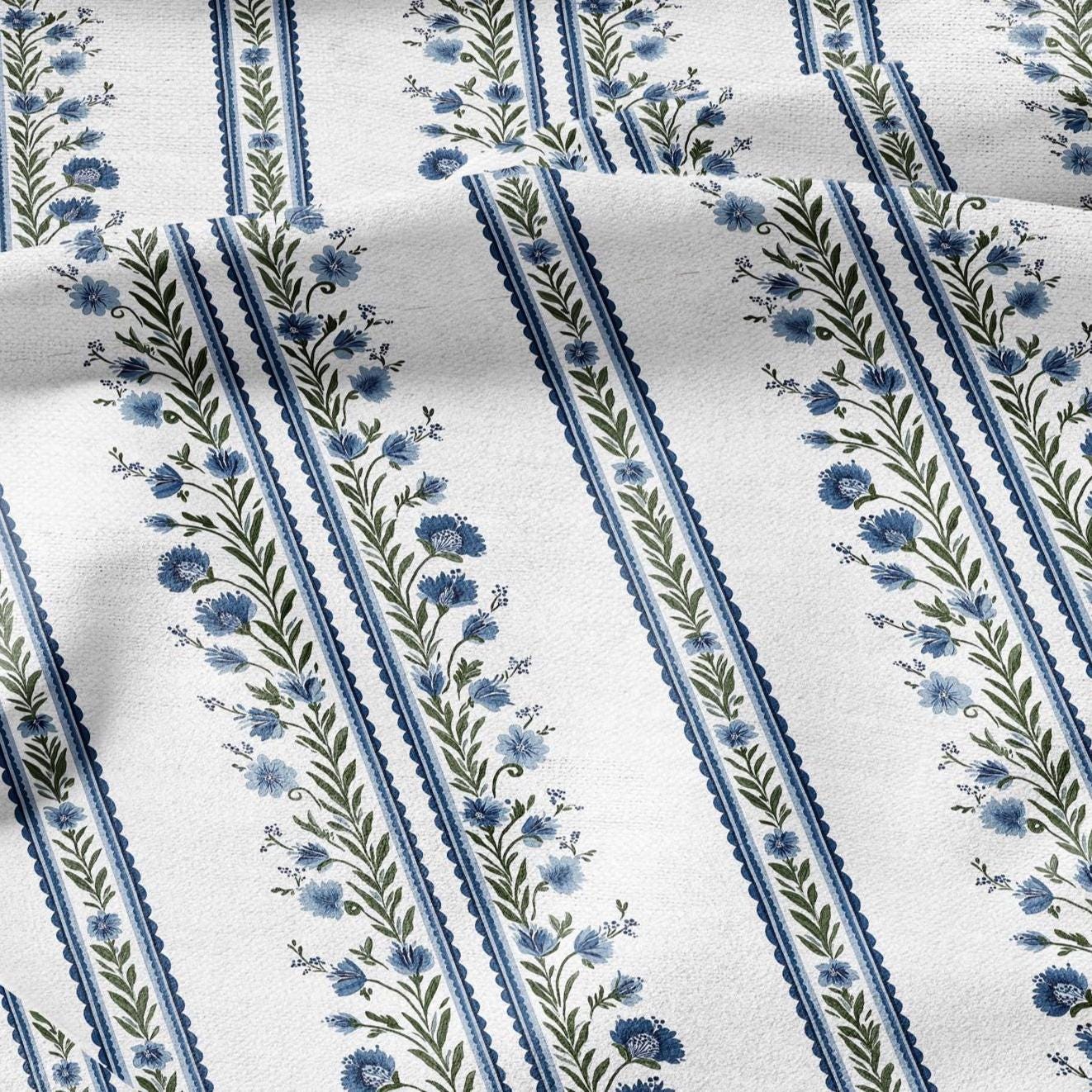 100% LINEN Fabric block print ChairoHana - Japanese blue green stripe floral heavy for upholstery home decor - medium for dress making 2843