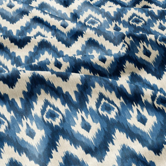 100% LINEN Fabric Abstract Ikat ethno print - Modern Blue beige - for upholstery home decor curtains pillows sewign dress 2980