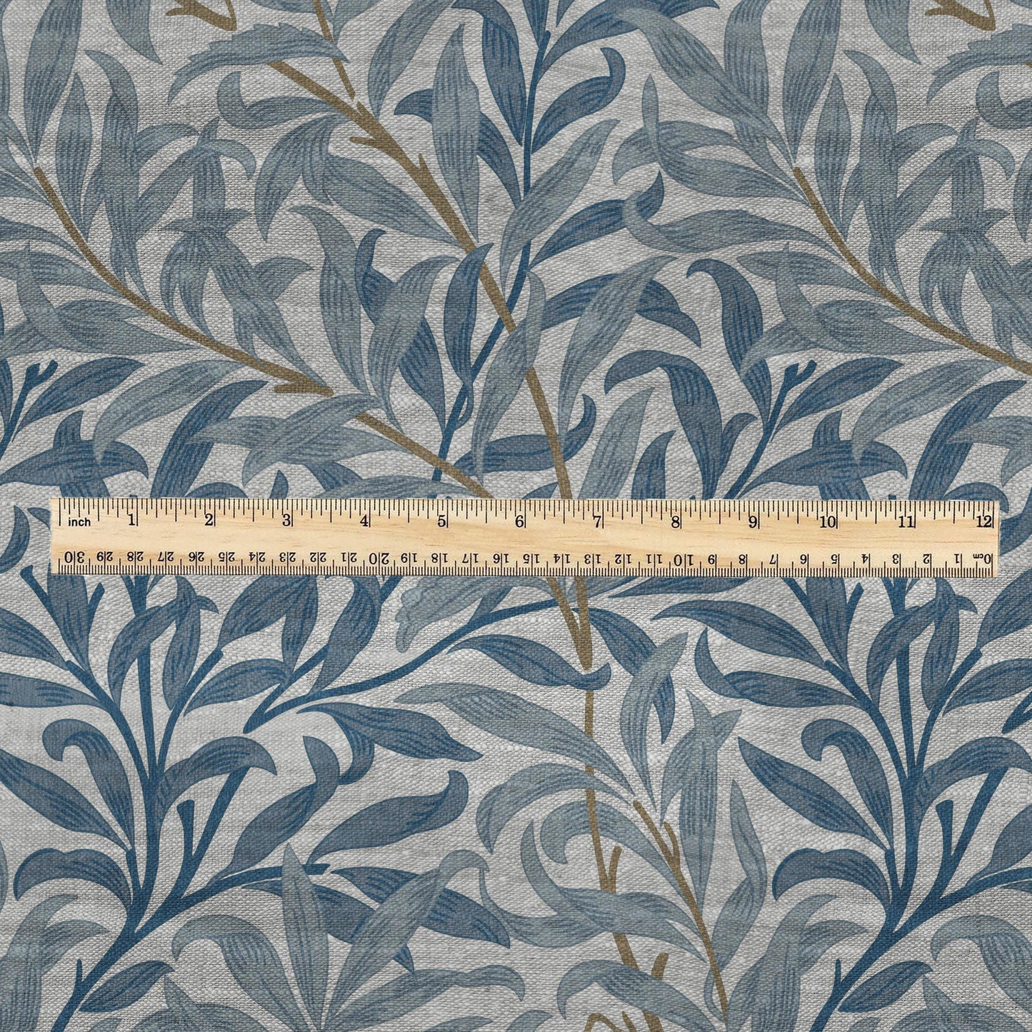 100% LINEN Fabric William Morris Bough Willow - oatmeal natur linen fabric with botanical print - Victorian Art Craft Historical blue 3195