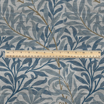 100% LINEN Fabric William Morris Bough Willow - oatmeal natur linen fabric with botanical print - Victorian Art Craft Historical blue 3195