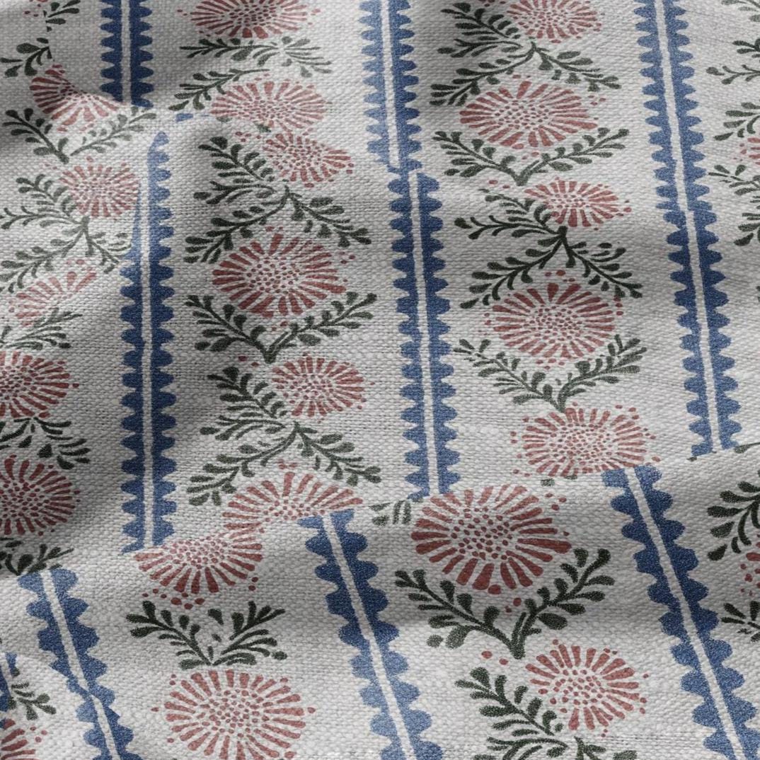 100% LINEN Fabric print Stripe floral pink green blue- oatmeal linen fabric with floral print - heavy for home decor clothing 3102