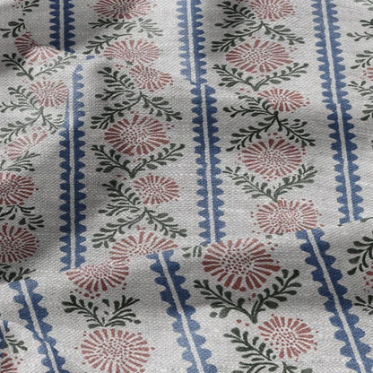 100% LINEN Fabric print Stripe floral pink green blue- oatmeal linen fabric with floral print - heavy for home decor clothing 3102
