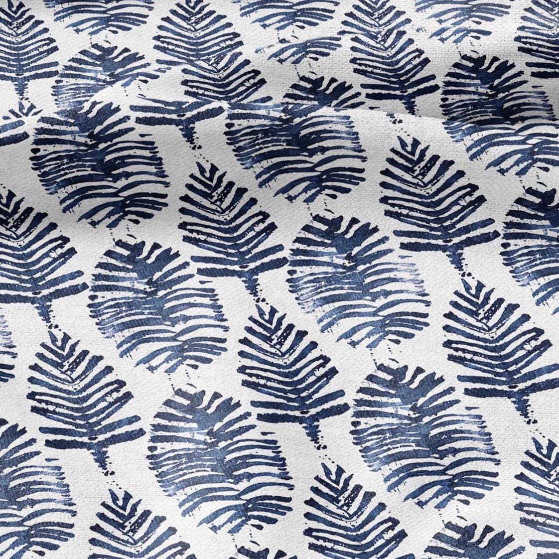 100% LINEN Fabric leaves print - Grandmillennial indigo blue - Modern vintage flower block print upholstery curtains dress making 2930