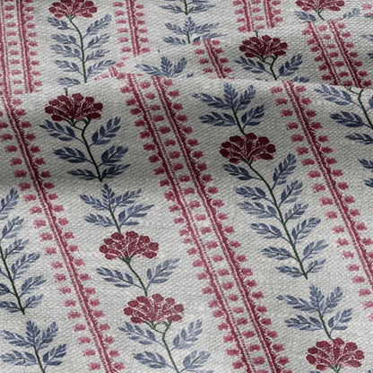 100% LINEN Fabric print Stripe red flower gray - Roses oatmeal linen fabric with botanical print - heavy for home decor clothing 3091