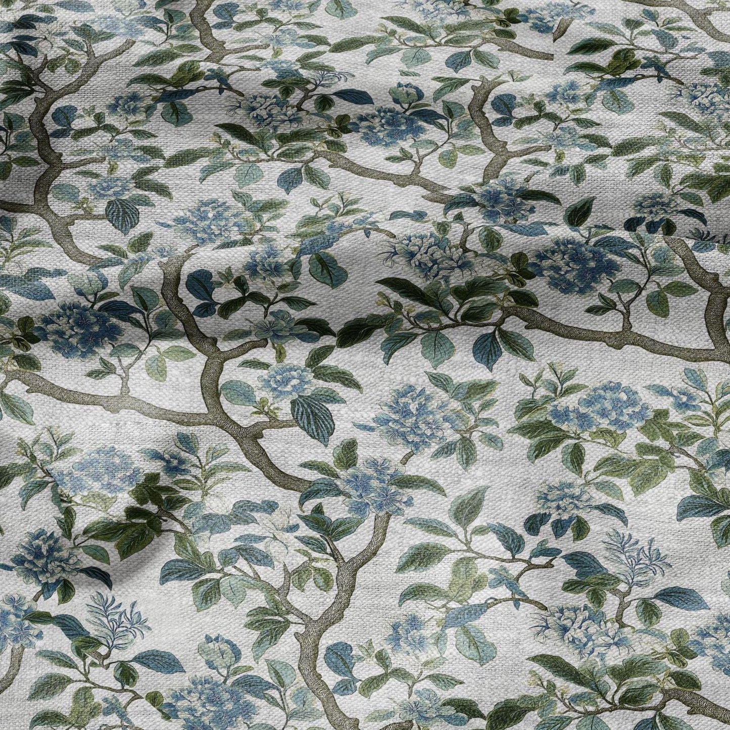 100% LINEN Fabric tropical flower print - floral green blue gray print on oatmeal linen for home decor sewing dress clothing 2370