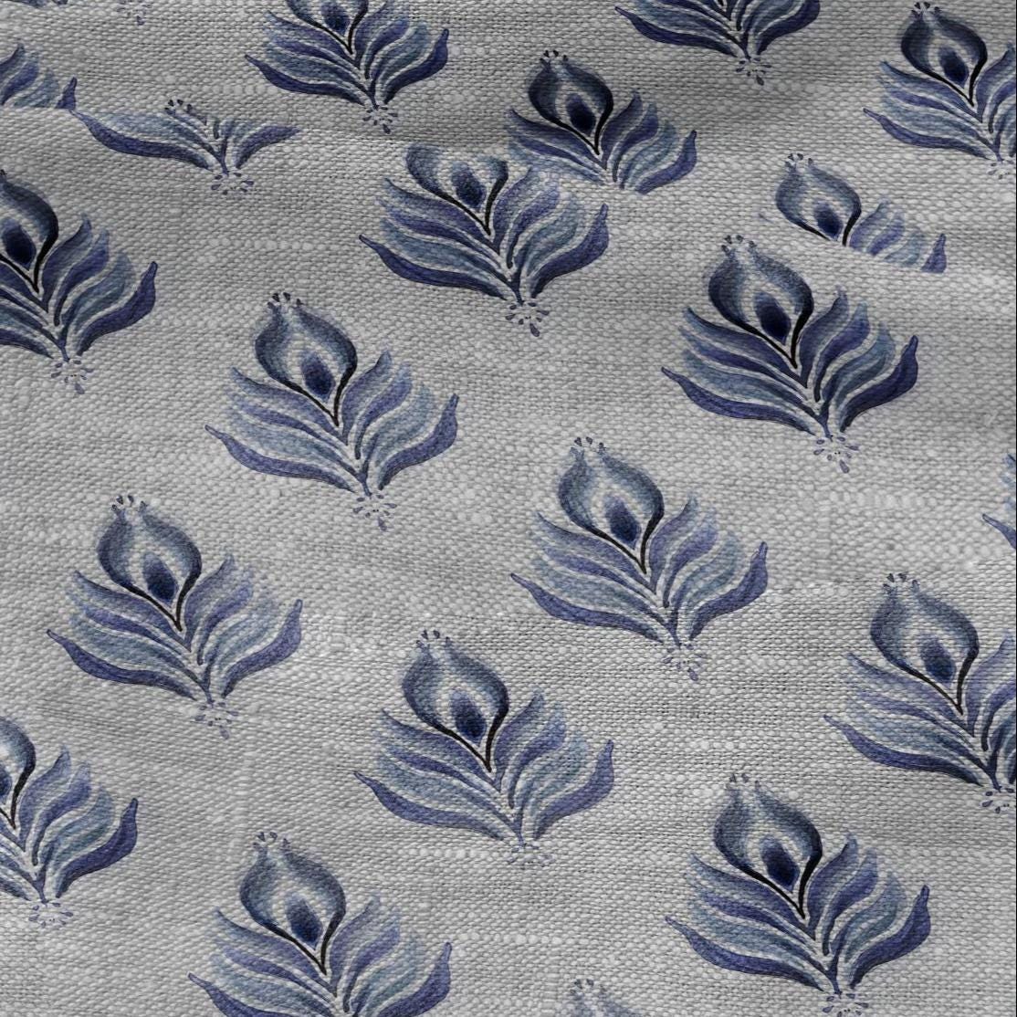 100% LINEN Fabric print Blue peacock feather - oatmeal linen fabric with animal print - heavy for home decor clothing 2746