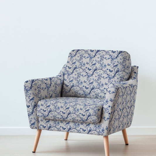100% LINEN Fabric UPHOLSTERY 12oz - Toile de jouy print tree with brids indigo blue - floral oatmeal Modern Vintage upholstery 341