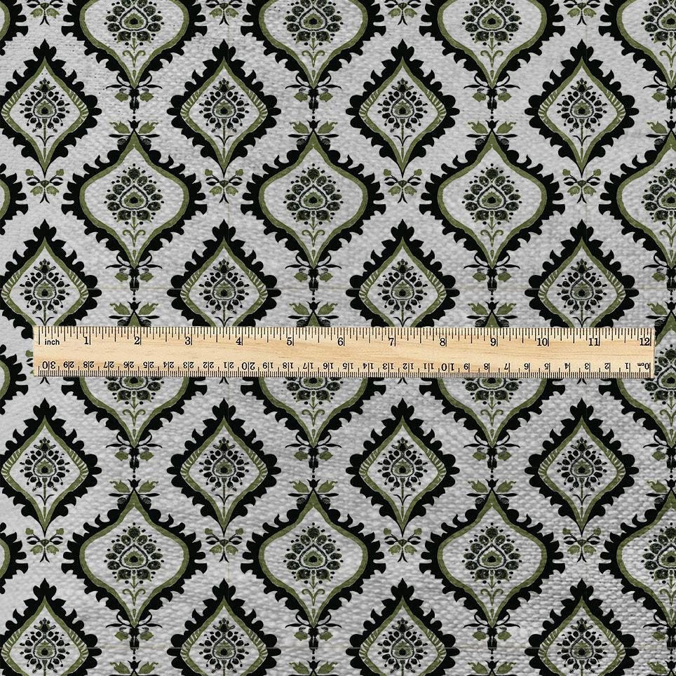 100% LINEN Fabric dark green block print - geometric modern vintage botanical 3418