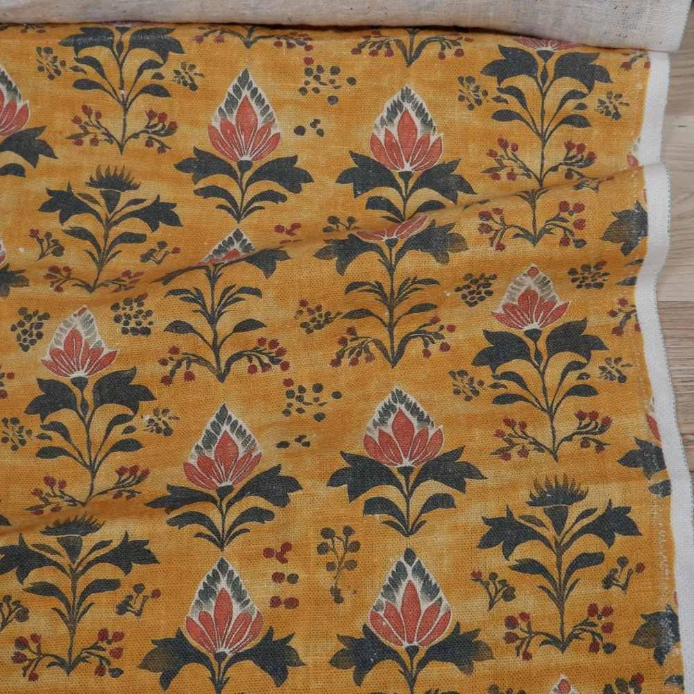 100% LINEN Fabric block print in mustard yellow - linen fabric floral print - light upholstery home decor dressmaking sewing 2079