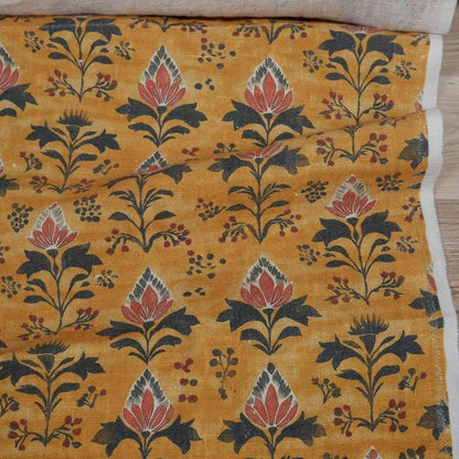 100% LINEN Fabric block print in mustard yellow - linen fabric floral print - light upholstery home decor dressmaking sewing 2079