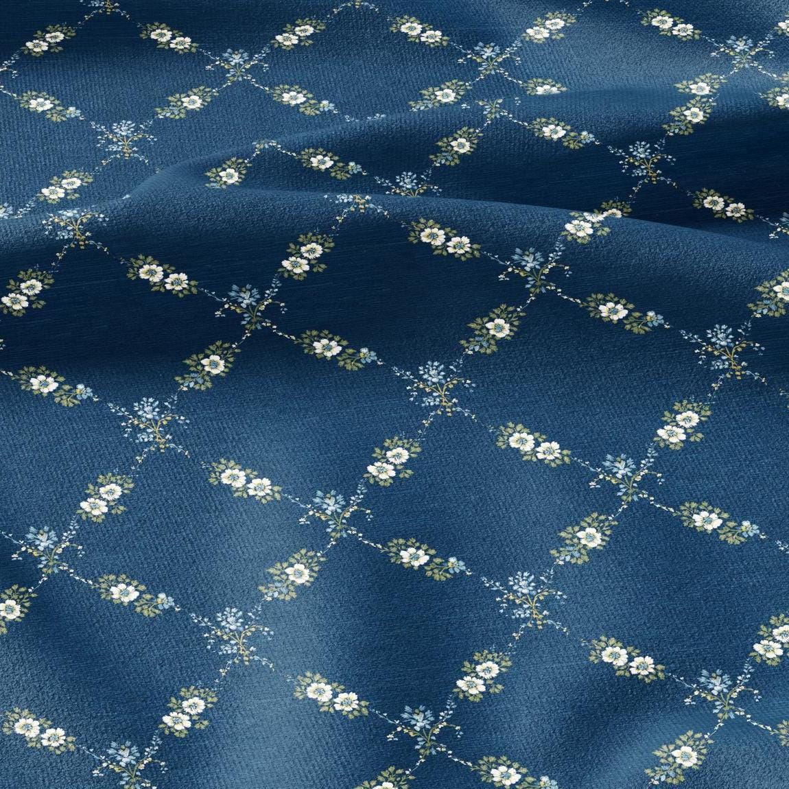 100% LINEN Fabric Floral trellis blue print - botanical indigo blue upholstery curtains dress making 3064