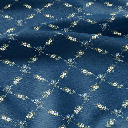 100% LINEN Fabric Floral trellis blue print - botanical indigo blue upholstery curtains dress making 3064