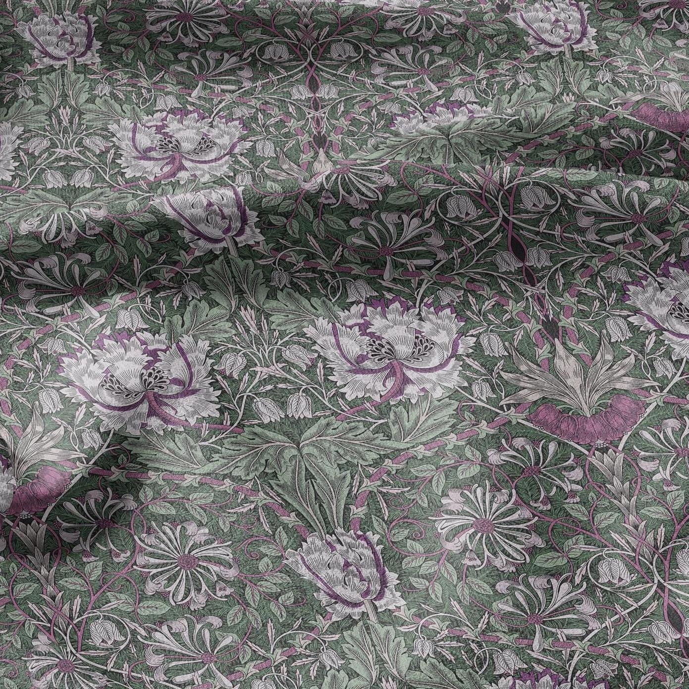 100% linen fabric William Morris Honeysuckle green colorfull print - Victorian Art crafts Historical pattern - upholstery dress making 3325