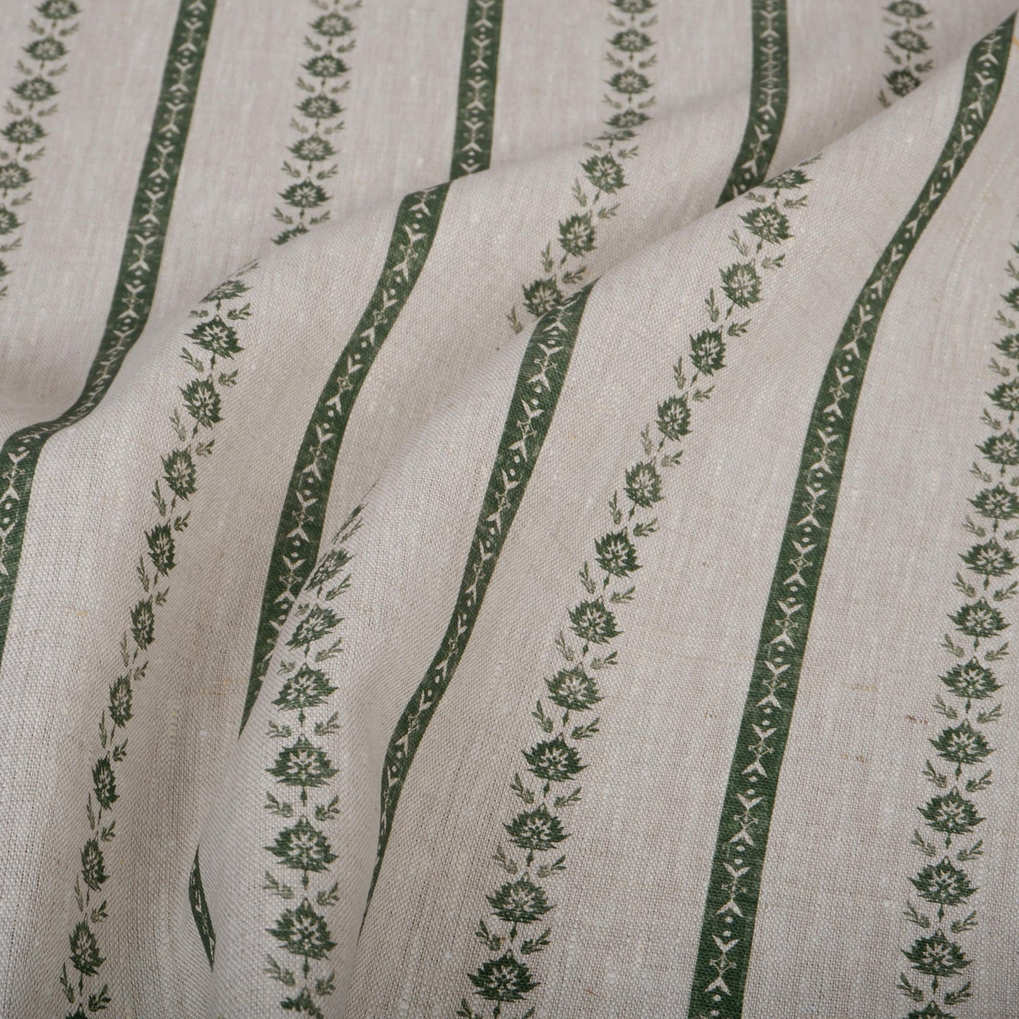 100% LINEN Fabric Striped floral print - block print green leaves on oatmeal linen for upholstery curtains dress making 2687