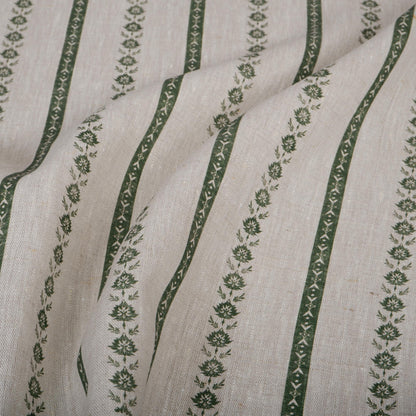 100% LINEN Fabric Striped floral print - block print green leaves on oatmeal linen for upholstery curtains dress making 2687