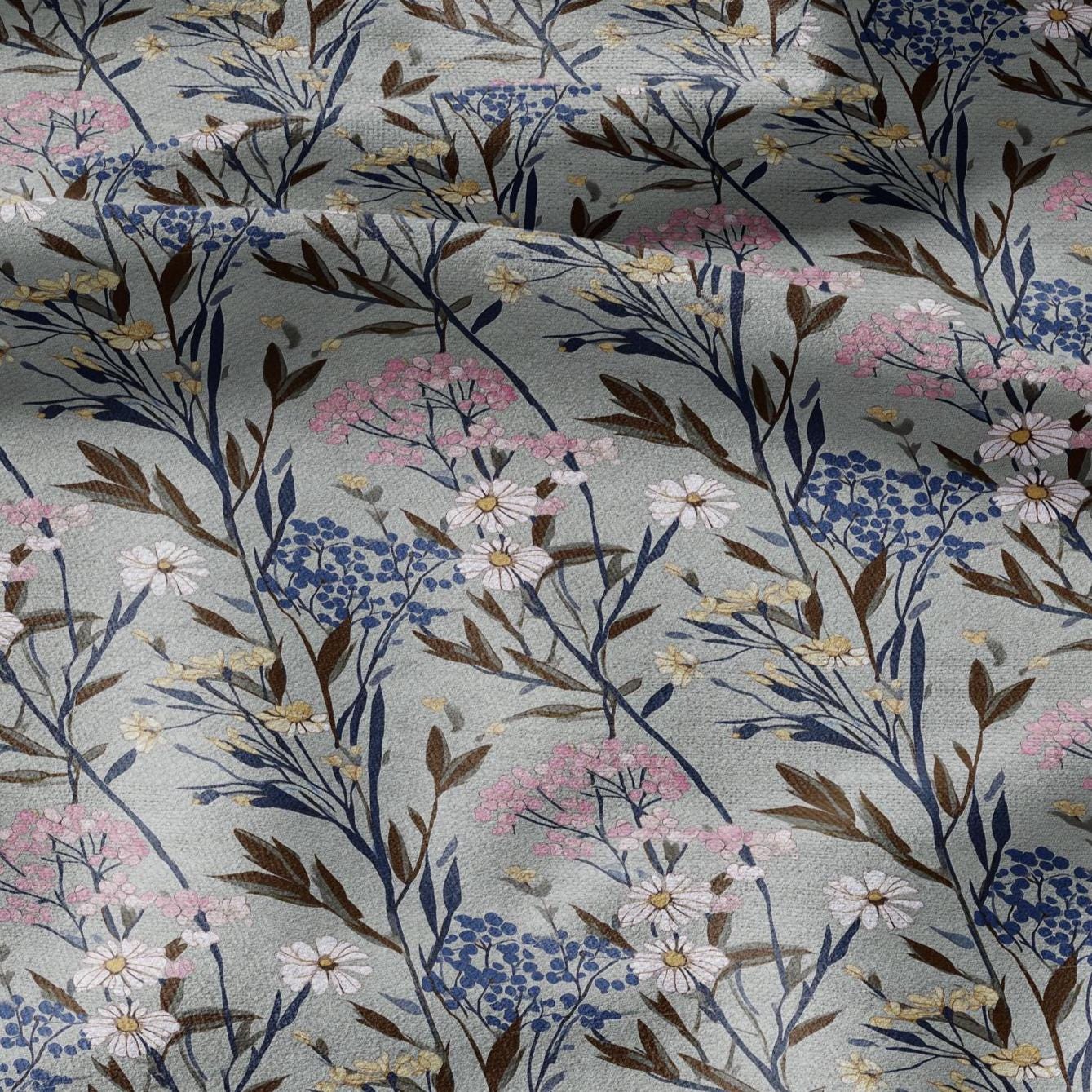100% LINEN Fabric flowers print - Meadow botanical  upholstery home textile artisan pink gray bluee 2748