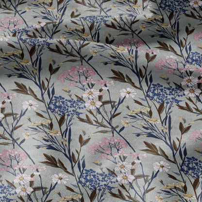 100% LINEN Fabric flowers print - Meadow botanical  upholstery home textile artisan pink gray bluee 2748
