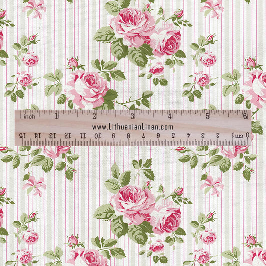 100% LINEN Fabric Vintage roses stripe print - retro pink green white  - for upholstery home decor - medium for dress making 2866