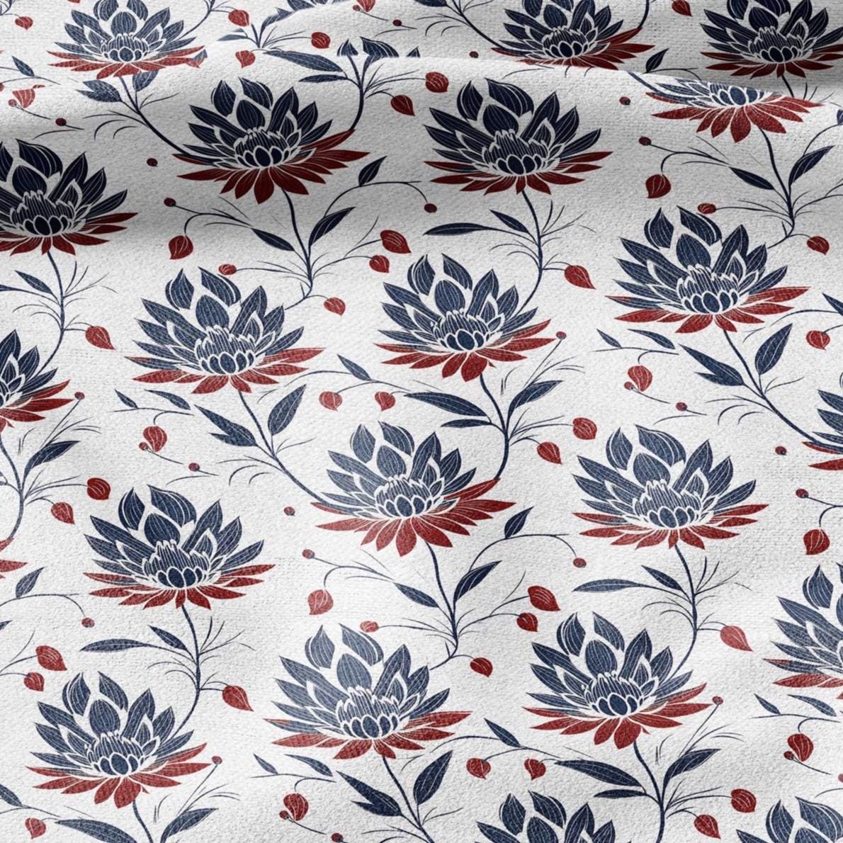 100% LINEN Fabric Block print Lotus blosoom - modern vintage botanical flower upholstery home textile artisan blue red white 2322