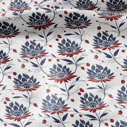 100% LINEN Fabric Block print Lotus blosoom - modern vintage botanical flower upholstery home textile artisan blue red white 2322