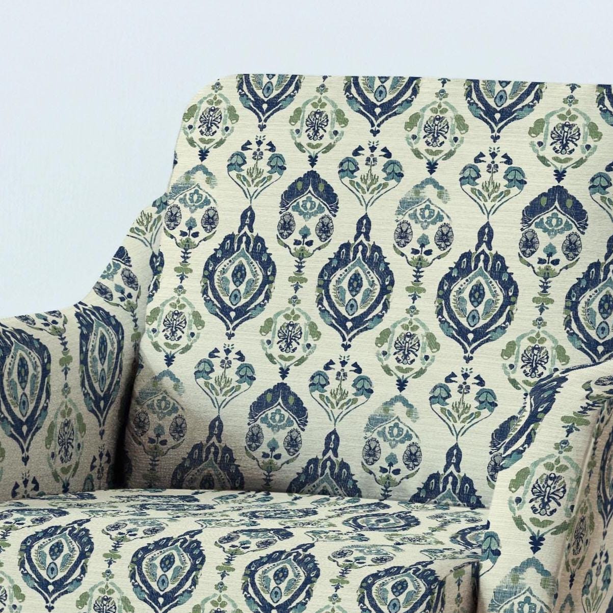 100% LINEN Fabric UPHOLSTERY 12oz - 2098 - Block print blue beige print on linen - Modern vintage pattern