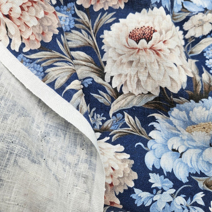 100% LINEN Fabric blue floral DAHLIAS, white blue botanical fabric with floral print, indian block print on linen linen 2578