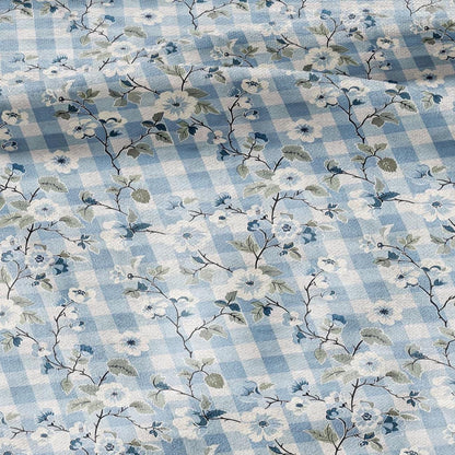 100% LINEN Fabric pink Gingham blue floral print - botanical upholstery home textile artisan fabrics blue white 2744