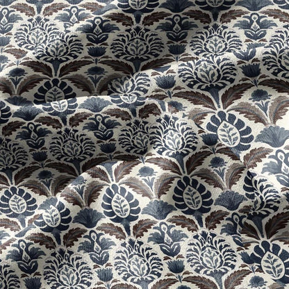 100% linen fabric Blue Brown Indian Block Print - Large Scale Botanical Damask Pattern for Upholstery Curtains Home Decor 3432