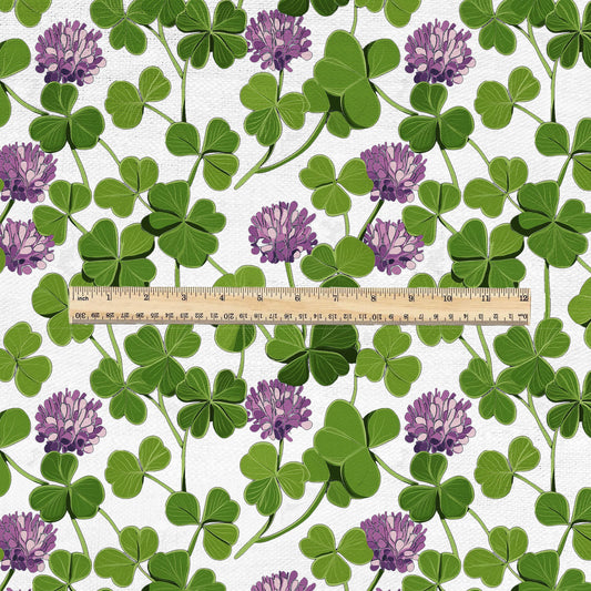 100% LINEN Fabric Clover blossom print - Modern vintage green purple white floral botanical - heavy linen for upholstery home decor 3040