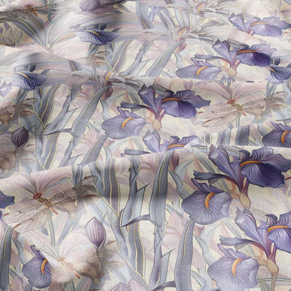 100% LINEN fabric pastel Iris dragonflies print - botanical linen Fabric for upholstery home textile dress making 2028