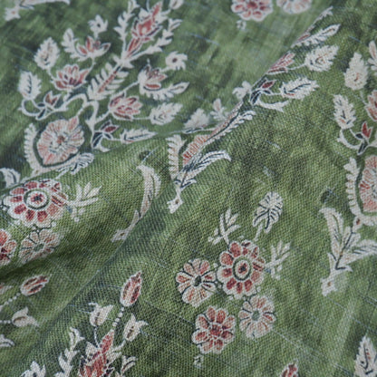100% LINEN Fabric block print indian green 3658 - oatmeal linen fabric with green floral print decor