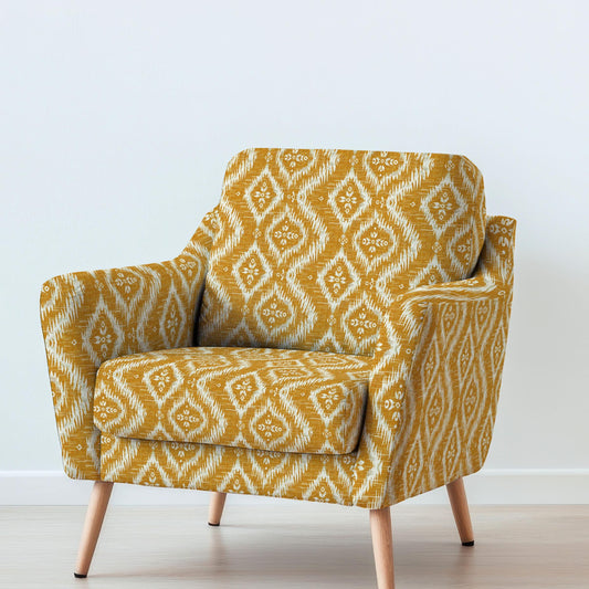100% LINEN Fabric UPHOLSTERY 12oz - Ikat mustard yellow print on linen - Modern ethnic 2100