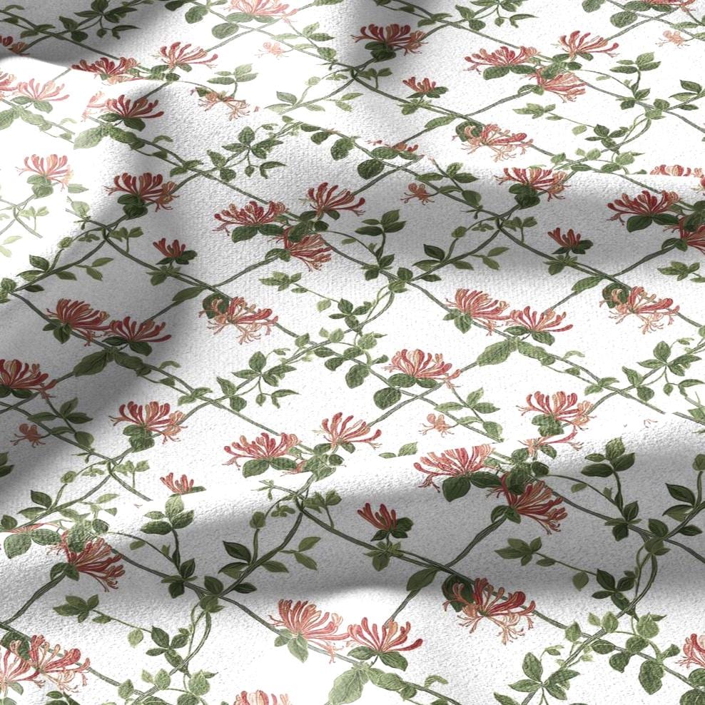 100% linen fabric honeysuckle trellis print - Vintage floral botanical modern Victorian  green pink white 3357