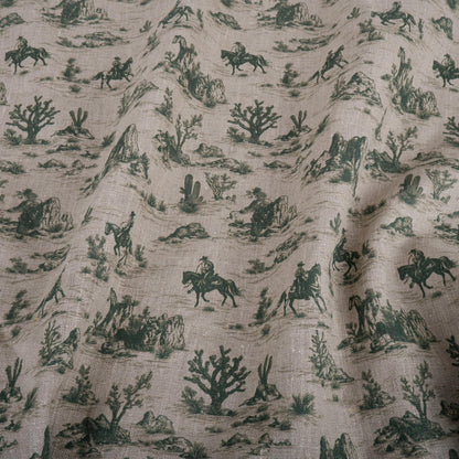 100% LINEN Fabric Toile de Jouy Cowboy in desert Countryside - oatmeal linen fabric with green print upholstery home decor curtains