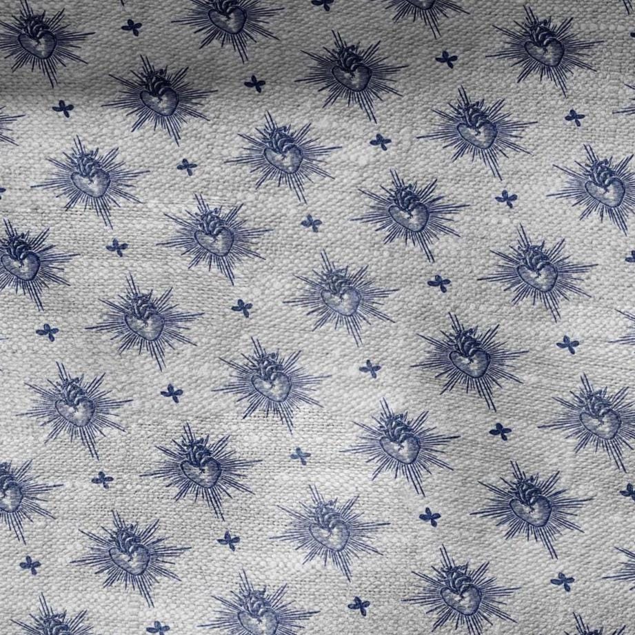 100% LINEN Fabric Sacred heart -  blue print on oatmeal linen for home decor sewign dress clothing 3006