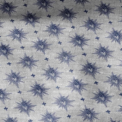100% LINEN Fabric Sacred heart -  blue print on oatmeal linen for home decor sewign dress clothing 3006