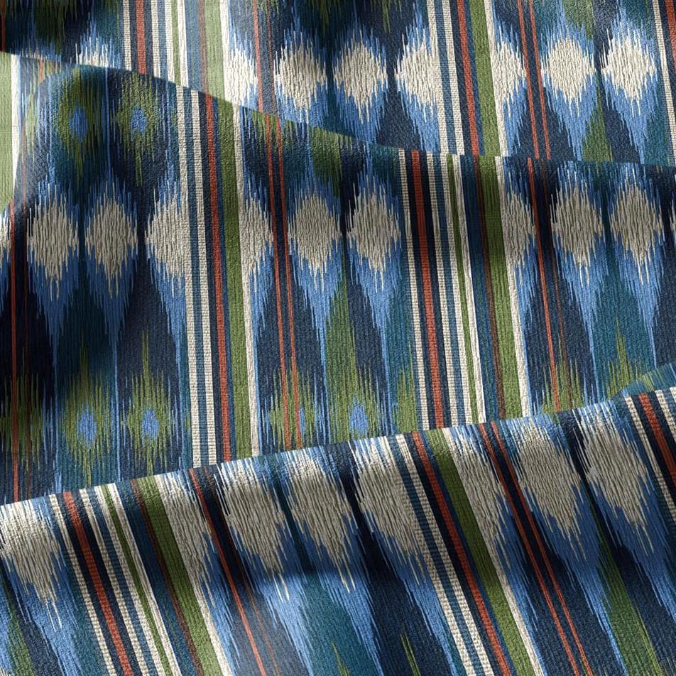 100% linen fabric green blue ikat stripe print - Vintage abstract modern geometric 3398