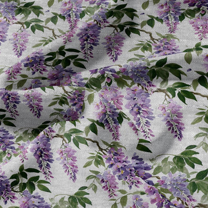 100% LINEN Fabric purple flowers Wisteria -  floral print on oatmeal linen  for home decor sewign dress clothing 3008