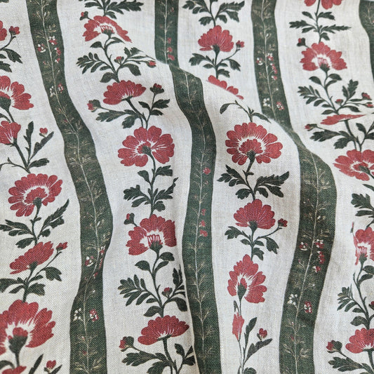 100% LINEN Fabric floral stripe block print on oatmeal linen - green red gray heavy fabric for upholstery - medium weight linen dress making